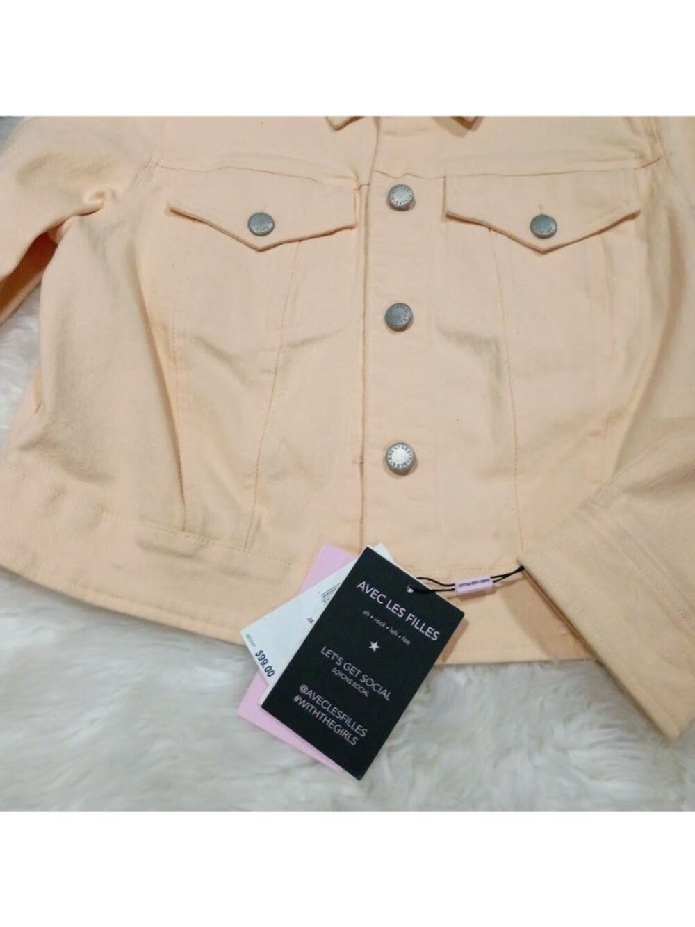 Avec Les Filles Light Peach Denim Jacket Size 10 Cropped Fit - Picture 7 of 13